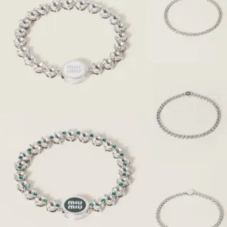 Miu Miu Logo Bracelet Silver Green Pavé Crystal-Set Clasp Bracelet