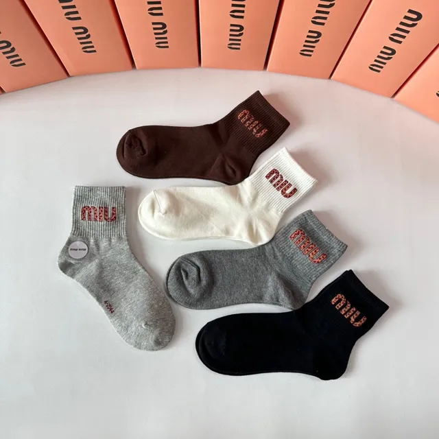 Miu Miu Logo Embroidered Black Gray Ribbed Cuff Socks 7