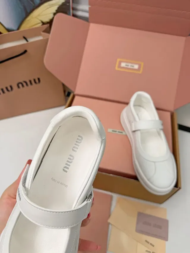 Miu Miu White Leather Branded Strap Mary Jane Shoes 2