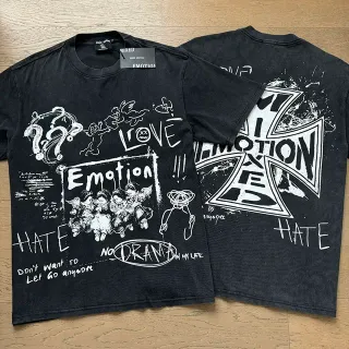 Mixed Emotion Graphic Print Distressed Black Oversized T-Shirt