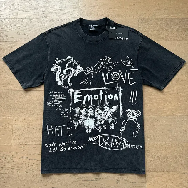 Mixed Emotion Graphic Print Distressed Black Oversized T-Shirt 2