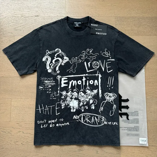 Mixed Emotion Graphic Print Distressed Black Oversized T-Shirt 3