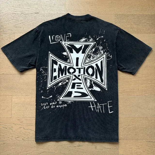 Mixed Emotion Graphic Print Distressed Black Oversized T-Shirt 4