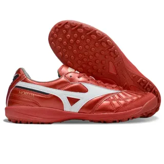 Mizuno Red White Metallic Quilted Leather Upper RunBird Logo Stripe Indoor Soccer Shoes