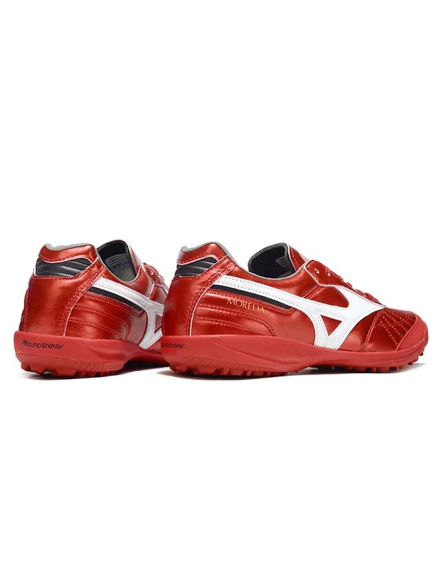 Mizuno লাল সাদা মেটালিক কুইল্টেড চামড়ার উপর রানবার্ড লোগো স্ট্রাইপ ইন্ডোর সকার শু 3