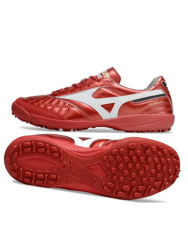 Mizuno লাল সাদা মেটালিক কুইল্টেড চামড়ার উপর রানবার্ড লোগো স্ট্রাইপ ইন্ডোর সকার শু 4