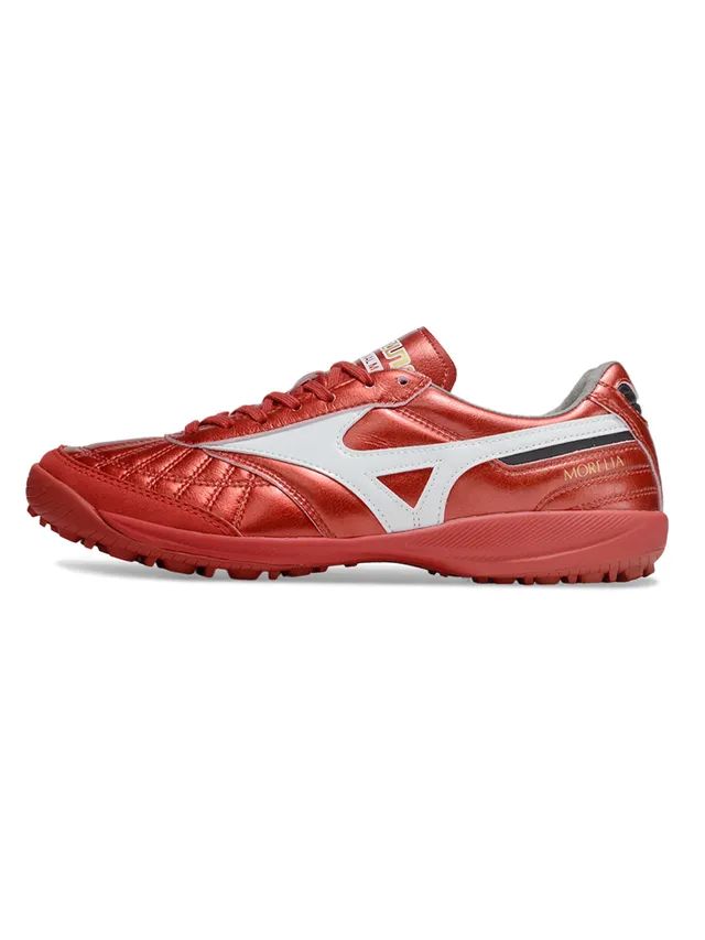 Mizuno লাল সাদা মেটালিক কুইল্টেড চামড়ার উপর রানবার্ড লোগো স্ট্রাইপ ইন্ডোর সকার শু 5