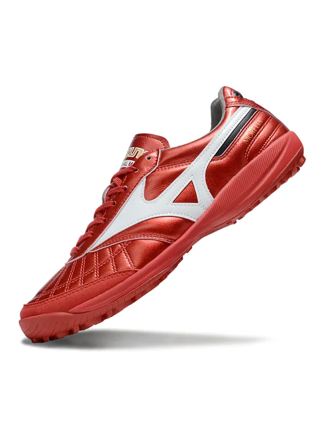 Mizuno লাল সাদা মেটালিক কুইল্টেড চামড়ার উপর রানবার্ড লোগো স্ট্রাইপ ইন্ডোর সকার শু 7