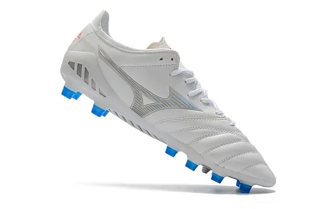 Mizuno أبيض أزرق جلد مخيط علوي شعار فضي قزحي أحذية كرة قدم للأرض الصلبة 2
