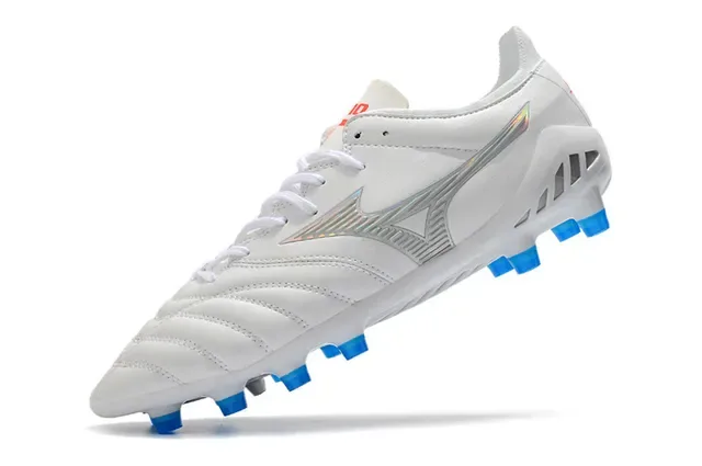 Mizuno أبيض أزرق جلد مخيط علوي شعار فضي قزحي أحذية كرة قدم للأرض الصلبة 3