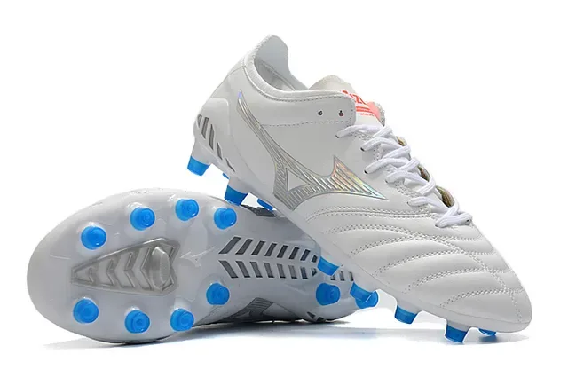 Mizuno أبيض أزرق جلد مخيط علوي شعار فضي قزحي أحذية كرة قدم للأرض الصلبة 4