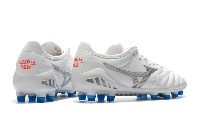 Mizuno أبيض أزرق جلد مخيط علوي شعار فضي قزحي أحذية كرة قدم للأرض الصلبة 5
