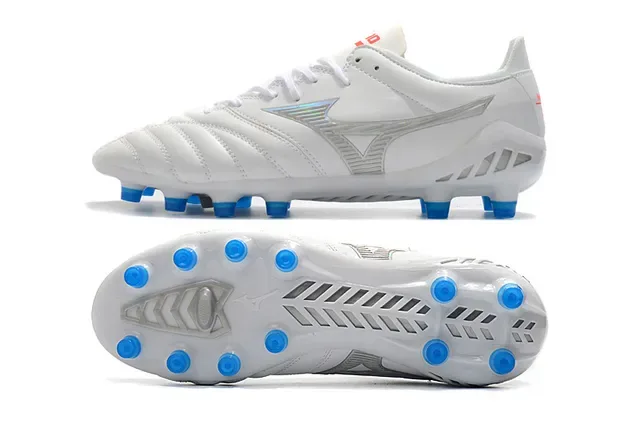 Mizuno أبيض أزرق جلد مخيط علوي شعار فضي قزحي أحذية كرة قدم للأرض الصلبة 6
