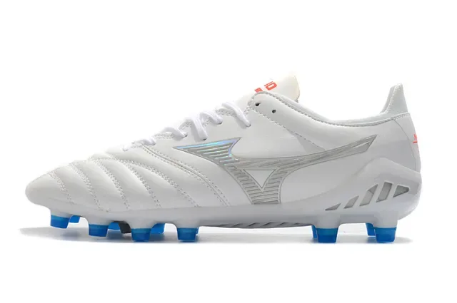 Mizuno أبيض أزرق جلد مخيط علوي شعار فضي قزحي أحذية كرة قدم للأرض الصلبة 7