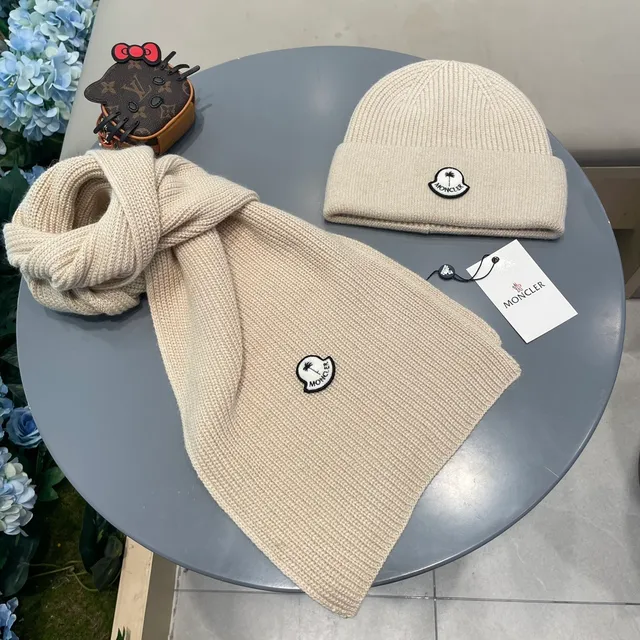 Moncler Beige Bonnet tricoté côtelé à manchette pliée 5
