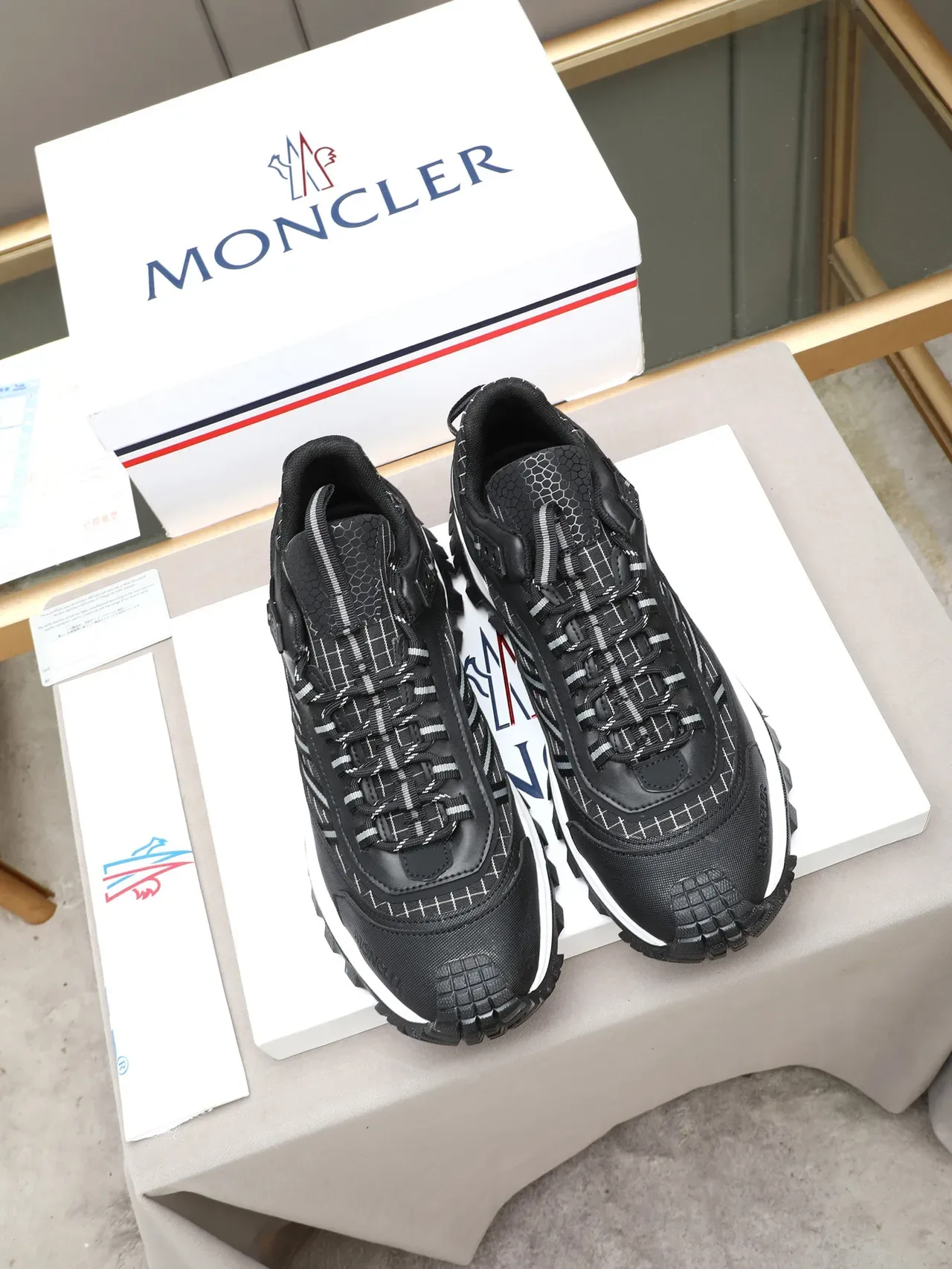 Moncler Black White Technical Mesh Upper Hexagonal Texture Panels Lifestyle Sneakers 3