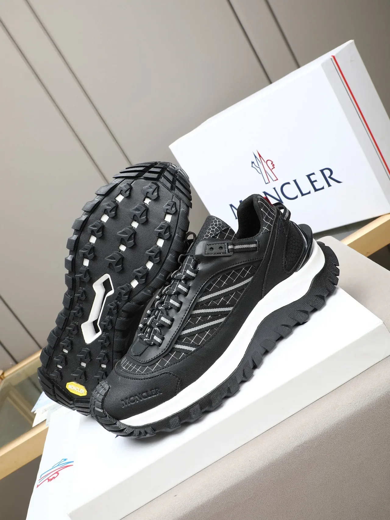 Moncler Black White Technical Mesh Upper Hexagonal Texture Panels Lifestyle Sneakers 5