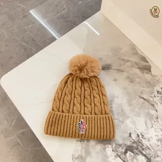 Moncler Brown Beige Cable Knit Ribbed Cuff Beanie