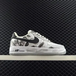 Nike Air Force 1 أبيض أسود Low-Top Ink-Wash Bamboo Print Lifestyle Sneakers