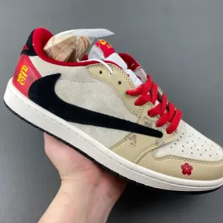 Nike Air Jordan 1 Low بيج أحمر زهور تطريز لايف ستايل سنيكرز