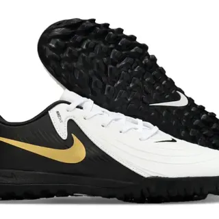 Nike Sapatos de futebol turf preto e dourado com parte superior sintética de corte baixo