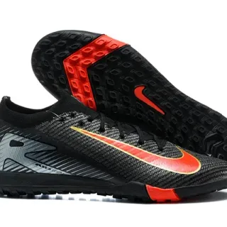 Nike Sapatos de futebol turf com upper de malha preto e vermelho corte baixo