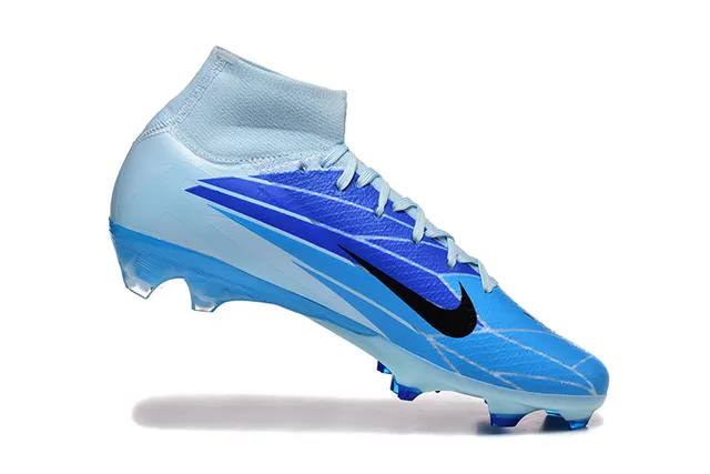 Nike Azul Preto High-Cut Flyknit Upper Cadarços Assimétricos Firm-Ground Sapatos de Futebol 3