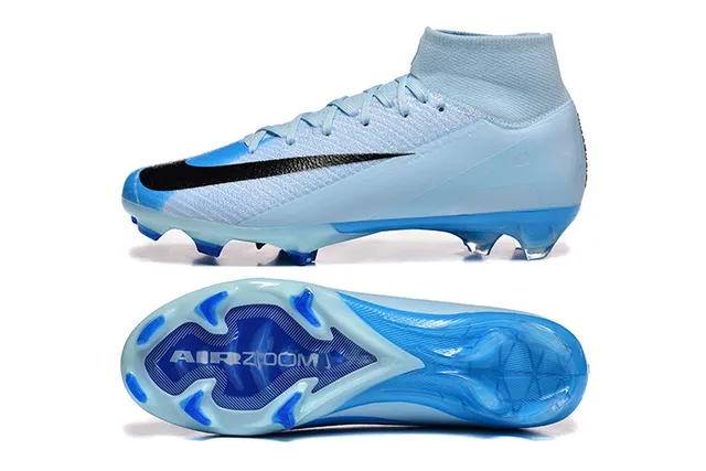 Nike Azul Preto High-Cut Flyknit Upper Cadarços Assimétricos Firm-Ground Sapatos de Futebol 9