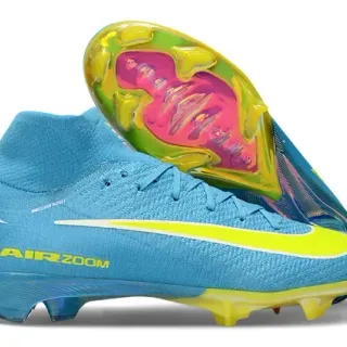 Nike Chuteira de futebol azul e amarela de cano alto com upper de knit para gramado firme