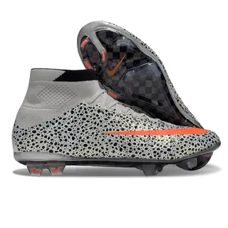 Nike Chaussures de football gris orange avec col haut en maille, partie supérieure perforée avec taches pour terrain ferme