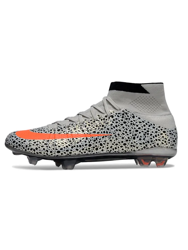 Nike Sapatos de futebol cinza laranja com gola alta de malha, parte superior perfurada com manchas para solo firme 2