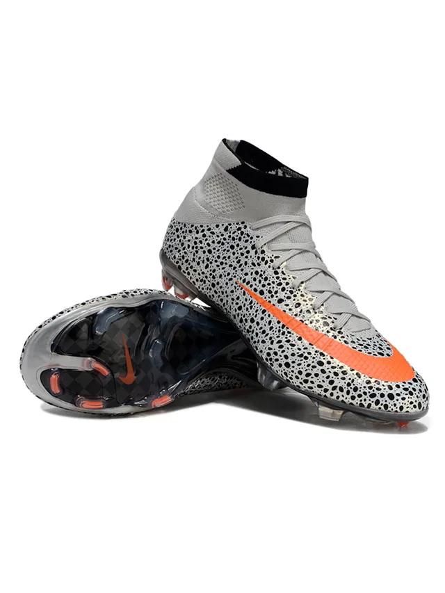 Nike Sapatos de futebol cinza laranja com gola alta de malha, parte superior perfurada com manchas para solo firme 4