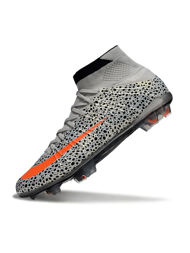Nike Sapatos de futebol cinza laranja com gola alta de malha, parte superior perfurada com manchas para solo firme 5
