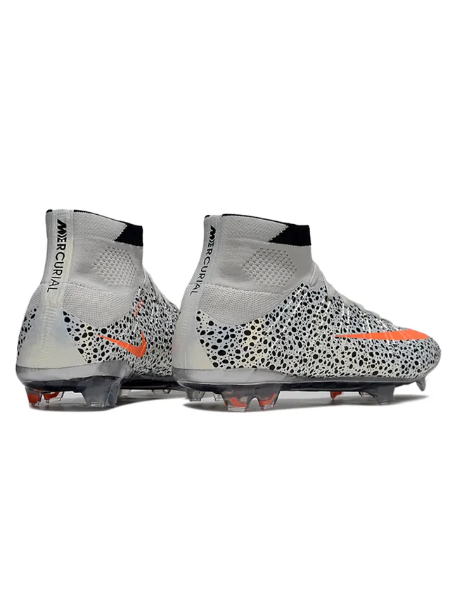 Nike Sapatos de futebol cinza laranja com gola alta de malha, parte superior perfurada com manchas para solo firme 6