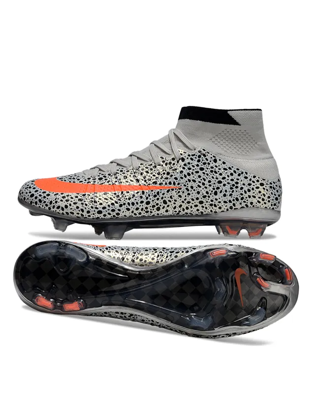 Nike Sapatos de futebol cinza laranja com gola alta de malha, parte superior perfurada com manchas para solo firme 7