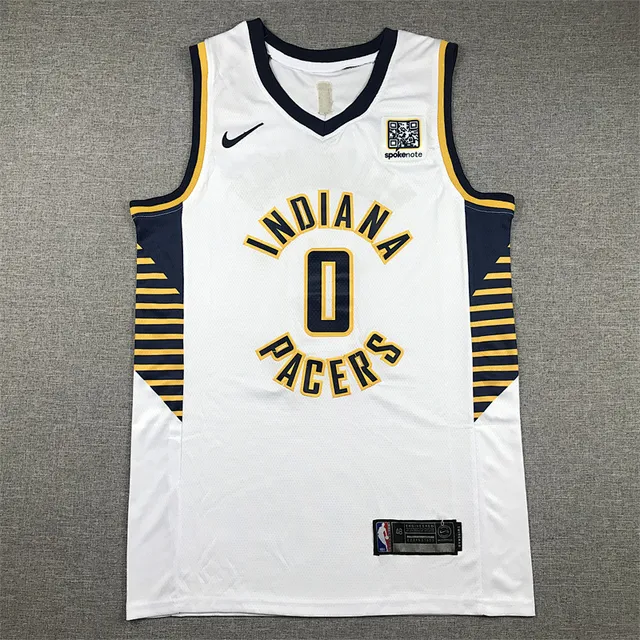 Nike इंडियाना पेसर्स No. 0 Tyrese Haliburton व्हाइट नेवी मेश Swingman गोल्ड स्ट्राइप्ड साइड पैनल्स जर्सी 2