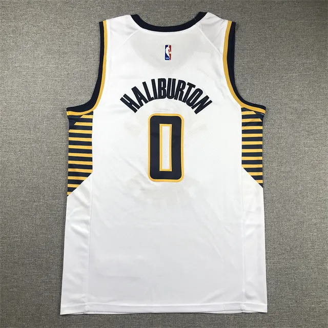 Nike इंडियाना पेसर्स No. 0 Tyrese Haliburton व्हाइट नेवी मेश Swingman गोल्ड स्ट्राइप्ड साइड पैनल्स जर्सी 3