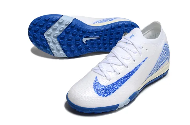 Nike Mercurial Turf Zapatos de fútbol Blanco Azul Superior Knit Gráfico Spray-Paint Césped 3