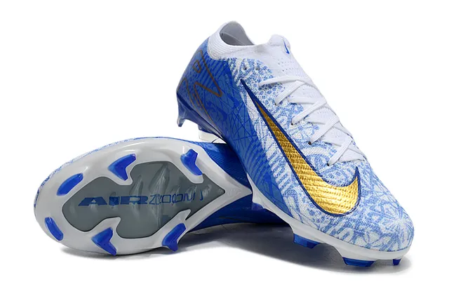 Nike Mercurial Vapor Air Zoom Azul Branco Dourado para gramado firme Sapatos de futebol 4