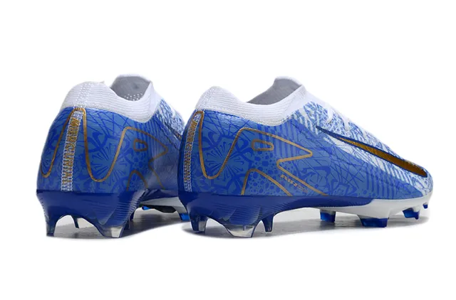 Nike Mercurial Vapor Air Zoom Azul Branco Dourado para gramado firme Sapatos de futebol 5