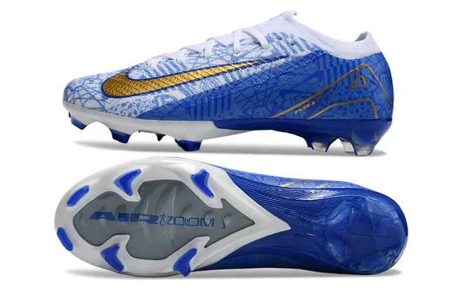 Nike Mercurial Vapor Air Zoom Azul Branco Dourado para gramado firme Sapatos de futebol 6