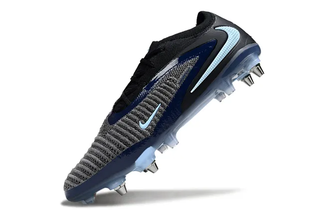 Nike Phantom GT Preto Azul Malha Superior Atacadores Assimétricos Gramado Firme Sapatos de Futebol 3