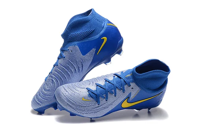 Nike Phantom GT Bleu Jaune Haut-Coupé Collet Chaussette Terrain Ferme Chaussures de Football 3