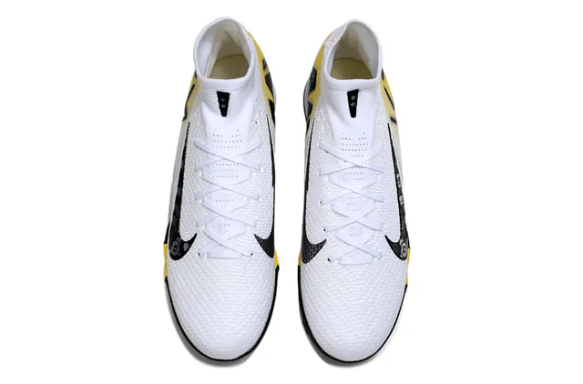 Nike Phantom GT Branco Amarelo Flyknit Parte superior Col de meia Alto Gramado Sapatos de futebol 2