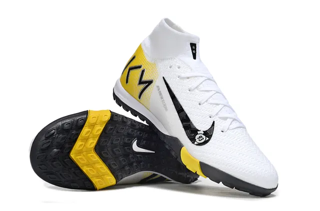 Nike Phantom GT Branco Amarelo Flyknit Parte superior Col de meia Alto Gramado Sapatos de futebol 3