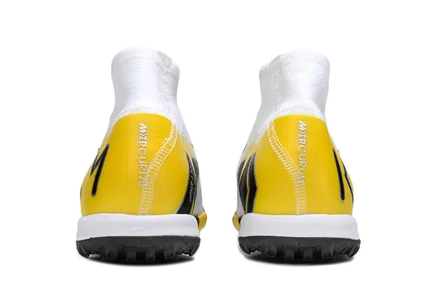 Nike Phantom GT Branco Amarelo Flyknit Parte superior Col de meia Alto Gramado Sapatos de futebol 4