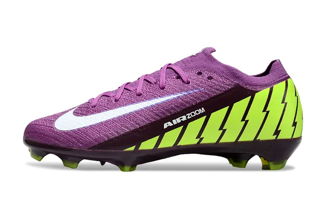 Nike أرجواني أخضر فلايكنيت أعلاه نيون ليم زيجزاج جانبي جرافيك Firm-Ground أحذية كرة القدم 7