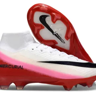Nike Chaussures de football Rouge Blanc Coupe haute Ajustement chaussette Supérieure Construction Flyknit Terrain ferme