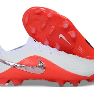 Nike Red White Low-Cut Synthetic Upper Metallic Silver Swoosh Firm-Ground Soccer Shoes