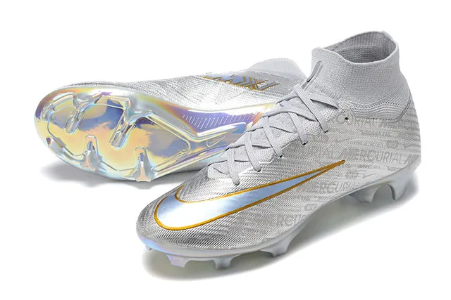 Nike Silver Gold Haut-Coupé Ajustement Chaussure Supérieure Finition Métallique Irisée Terrain Firme Chaussures de Football 7